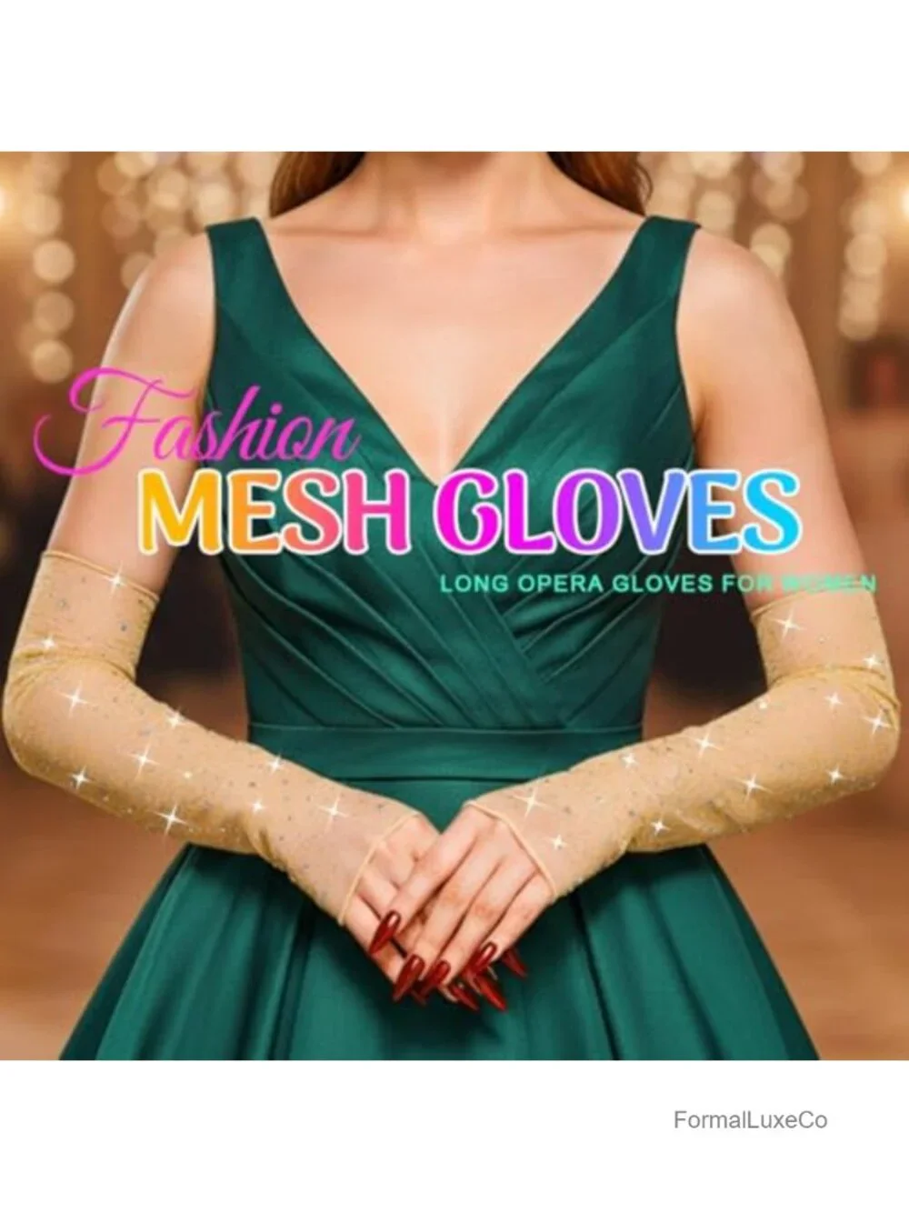 Fingerless Rhinestone Mesh Elbow Length Gloves Prom Costume